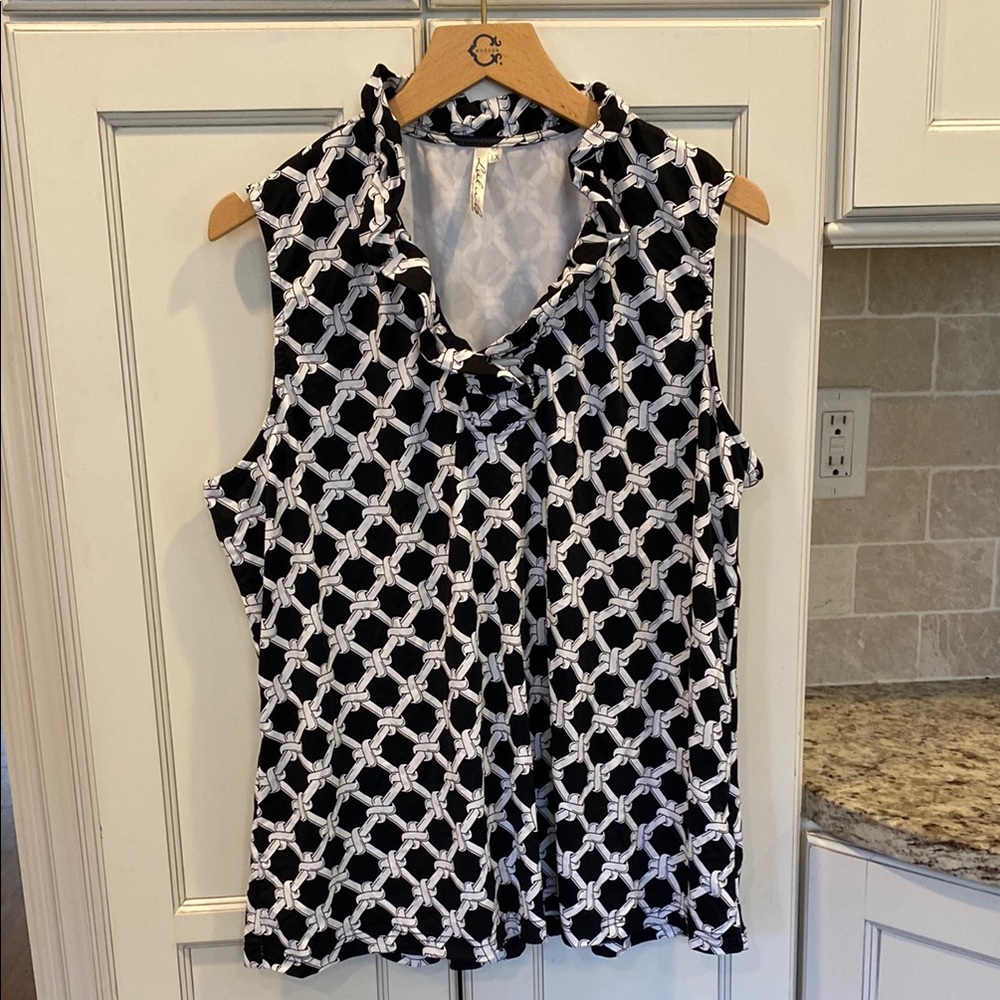 Lulu-B Black and White Ruffled Blouse with Notched Collar